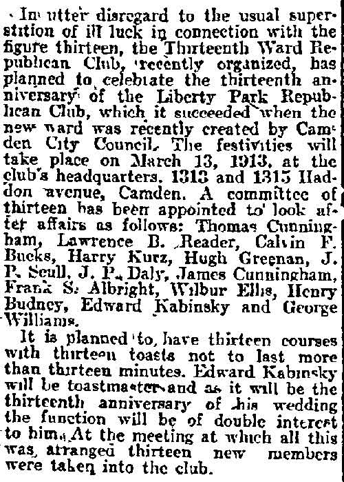 Philadelphia Inquirer, February 5, 1913 — Thirteenth Ward Republican Club article body