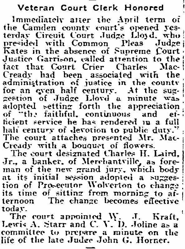 Veteran Court Clerk Honored — Philadelphia Inquirer, April 3, 1918