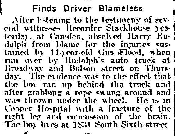 Philadelphia Inquirer, March 20, 1915 — Recorder Stackhouse absolves Harry Rudolph from blame in Gus Flood accident
