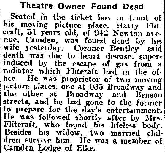 Philadelphia Inquirer, February 5, 1913 — Theatre Owner Found Dead: Harvey Flitcraft found dead in his movie theater at 935 Broadway