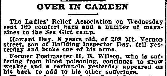 Philadelphia Inquirer, August 20, 1898 — Over in Camden, H.B. Wilson suffering from blood poisoning