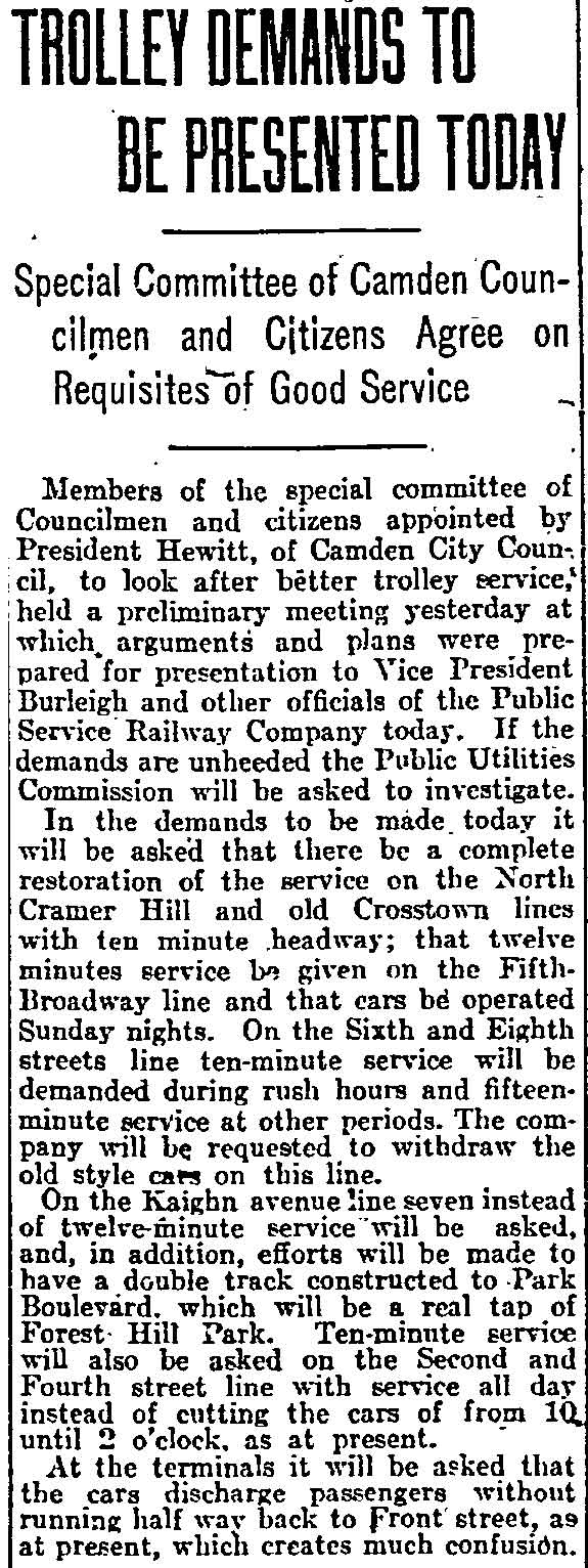 Philadelphia Inquirer, July 8, 1914 — Trolley Demands to Be Presented Today, part 1