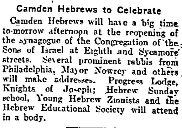 Philadelphia Inquirer, August 27, 1904 — Sons of Israel, Joseph Nowrey