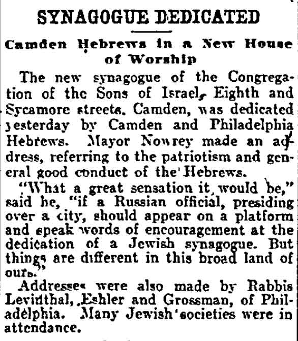 Philadelphia Inquirer, August 29, 1904 — Sons of Israel, Joseph Nowrey