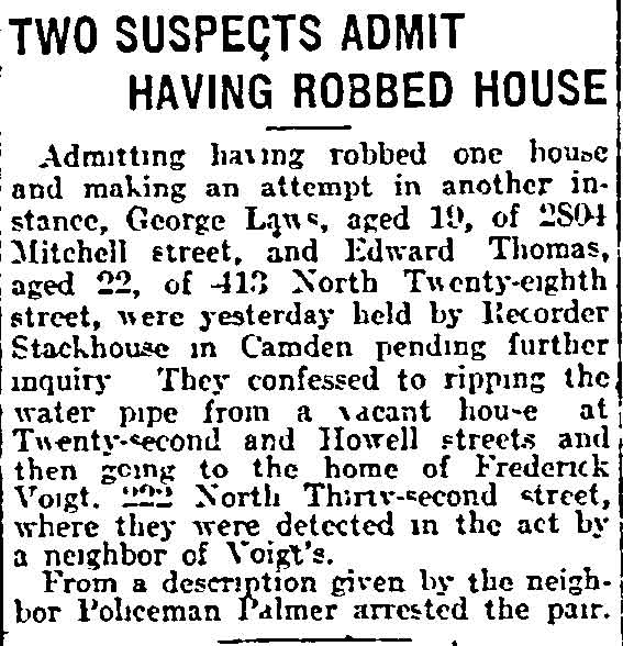 Philadelphia Inquirer clipping, October 8, 1914, reporting two suspects including Edward Thomas of 413 North 28th Street