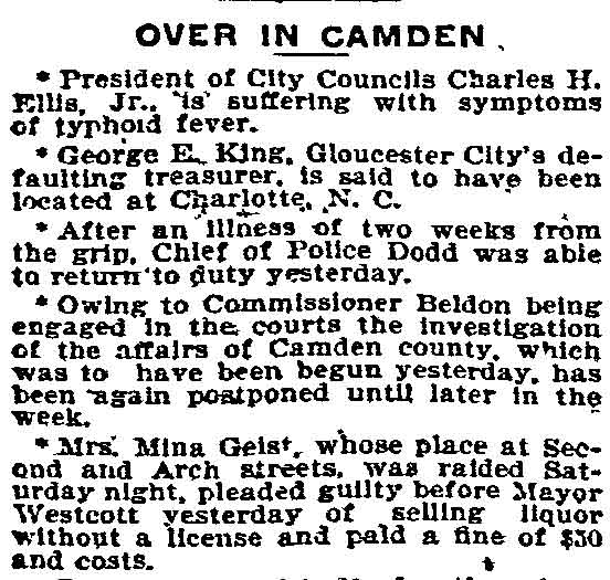 Philadelphia Inquirer, February 16, 1897 — Over in Camden: Mrs. Mina Geist pleads guilty before Mayor Westcott for selling liquor without a license at Second and Arch Streets