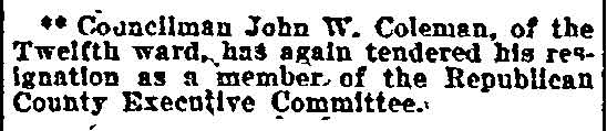 Philadelphia Inquirer, November 1, 1906 — note about John W. Coleman