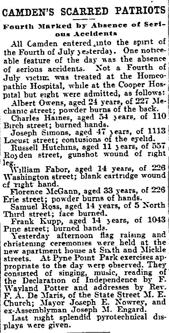 Philadelphia Inquirer, July 5, 1904 - Camden Fourth of July, Pyne Point Park flag raising