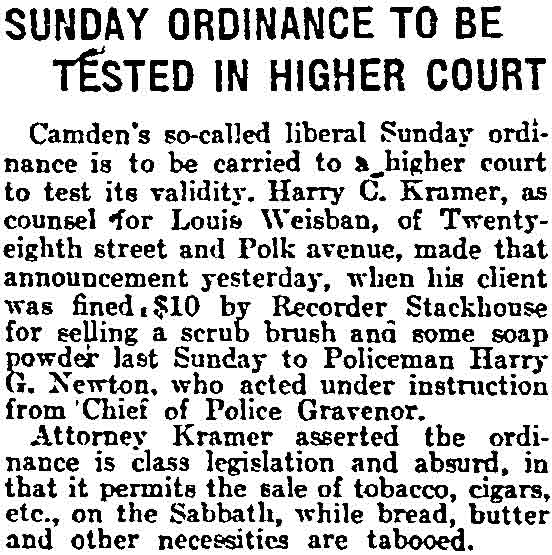 Sunday Ordinance to Be Tested in Higher Court, Camden Courier-Post, July 8, 1914