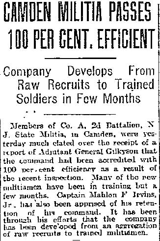 Philadelphia Inquirer, January 20, 1918 — Camden Militia Passes 100 Per Cent. Efficient