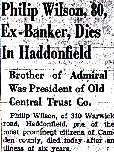 Philip Wilson obituary headline, Camden Courier-Post, November 15, 1949
