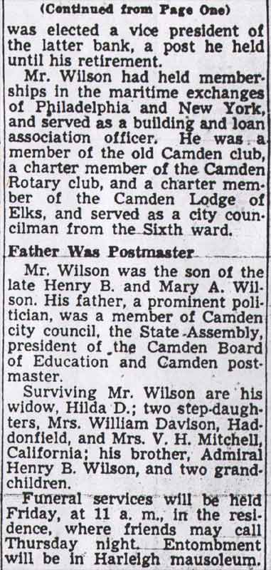 Philip Wilson obituary continued, Camden Courier-Post, November 15, 1949