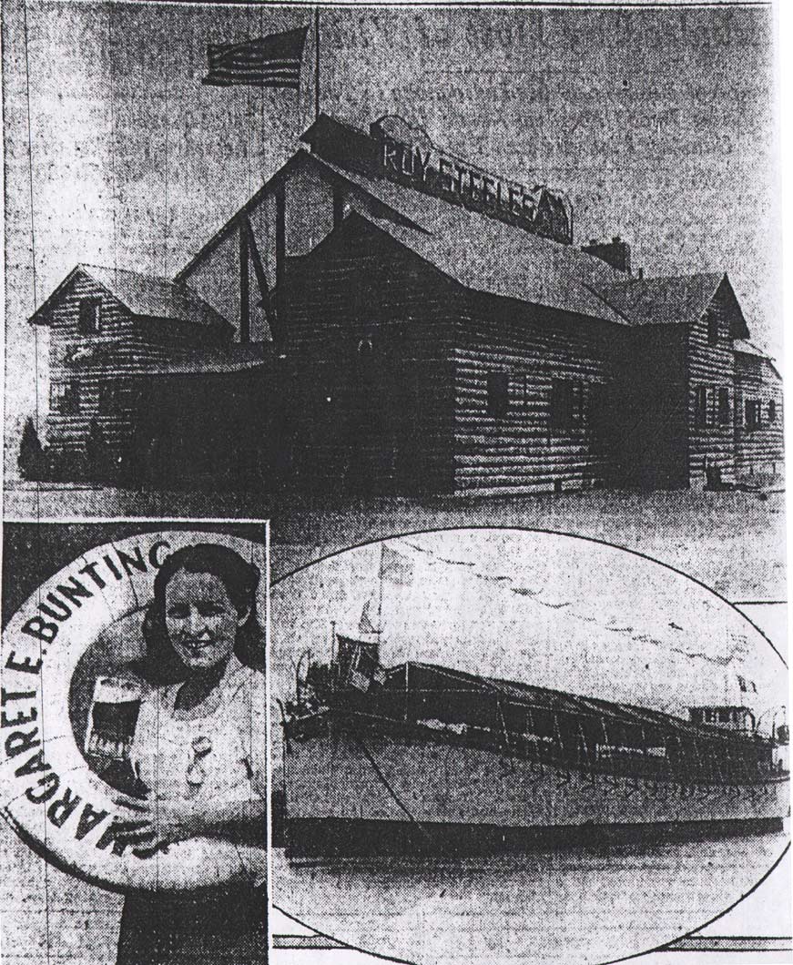Roy Steele's log cabin and the Margaret E. Bunting barge with Miss Ann Pizagno