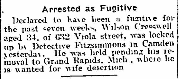 Arrested as Fugitive — Philadelphia Inquirer, March 20, 1916
