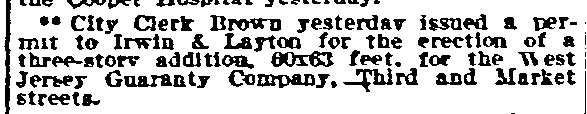 Building Permit Issued for West Jersey Guaranty Company — Philadelphia Inquirer, November 29, 1910