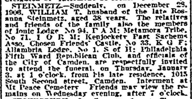 Philadelphia Inquirer death notice for William T. Steinmetz, January 3, 1907