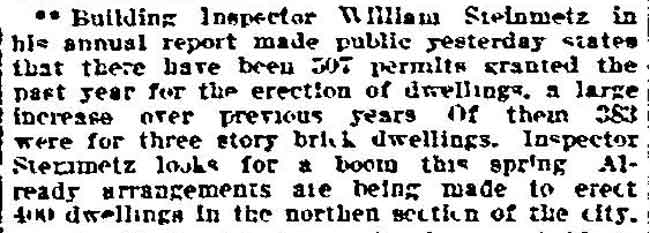 Philadelphia Inquirer, January 4, 1906 — Building Inspector Steinmetz annual report, 507 permits