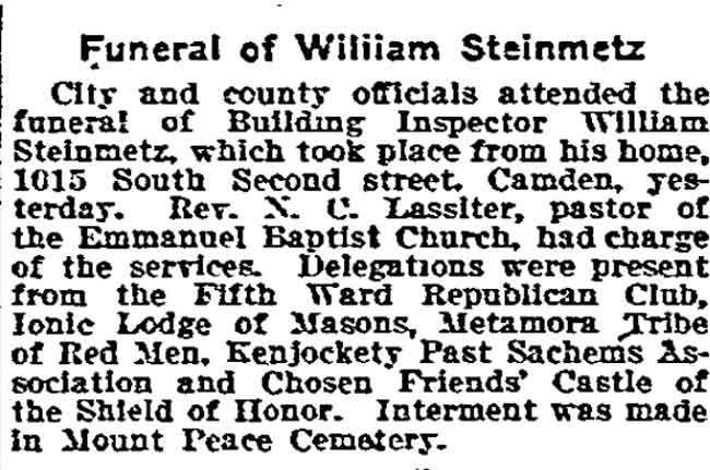 Philadelphia Inquirer, January 4, 1907 — Funeral of Building Inspector William Steinmetz