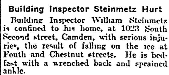Philadelphia Inquirer, February 23, 1903 — Building Inspector Steinmetz injured on ice