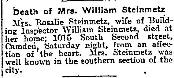 Philadelphia Inquirer, February 26, 1906 — Death of Rosalie Steinmetz, wife of Building Inspector