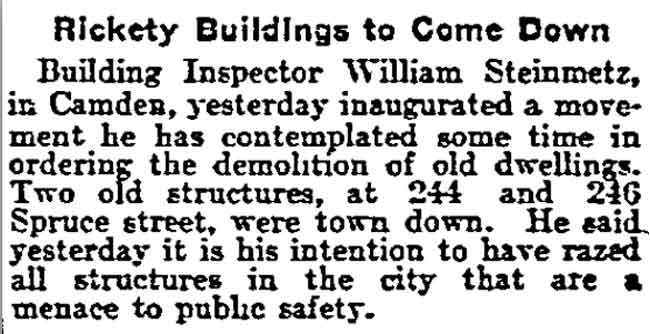 Philadelphia Inquirer, April 26, 1904 — Building Inspector Steinmetz orders demolition of unsafe buildings