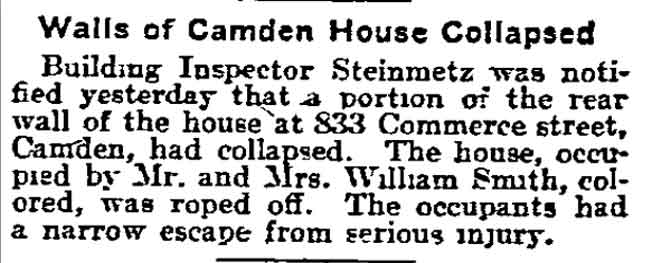 Philadelphia Inquirer, June 14, 1904 — Building Inspector Steinmetz notified of house wall collapse on Commerce Street