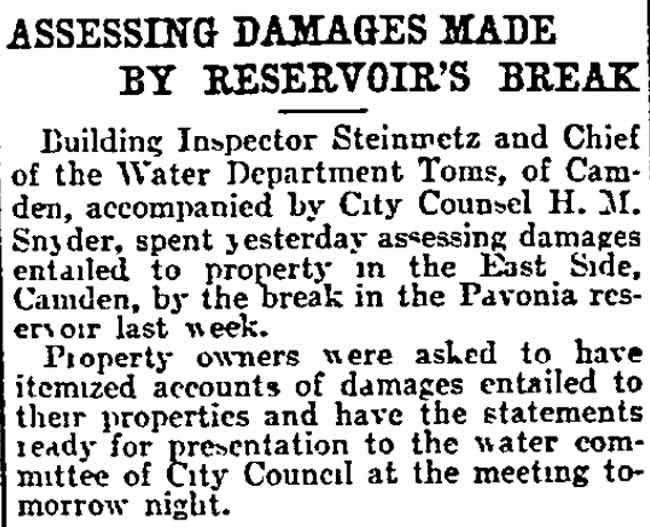 Philadelphia Inquirer, October 8, 1902 — Building Inspector Steinmetz assesses Pavonia reservoir damage
