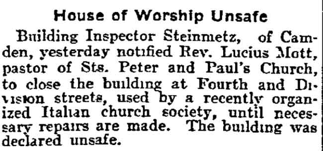 Philadelphia Inquirer, November 29, 1904 — Building Inspector Steinmetz orders Sts. Peter and Paul's Church closed