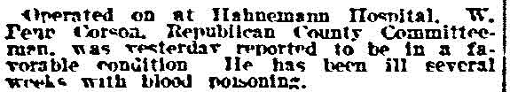 Philadelphia Inquirer January 24, 1915 - W. Penn Corson operated on at Hahnemann Hospital