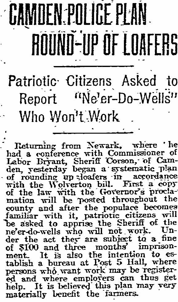 Philadelphia Inquirer March 20, 1918 - Camden Police Plan Round-Up of Loafers