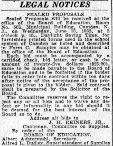 Camden Courier-Post photo of Board of Education members, June 6, 1932