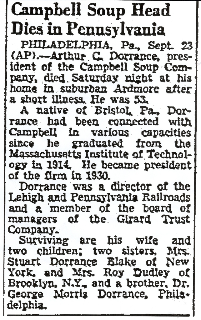 Campbell Soup Head Dies in Pennsylvania – Philadelphia Inquirer, September 23, 1946
