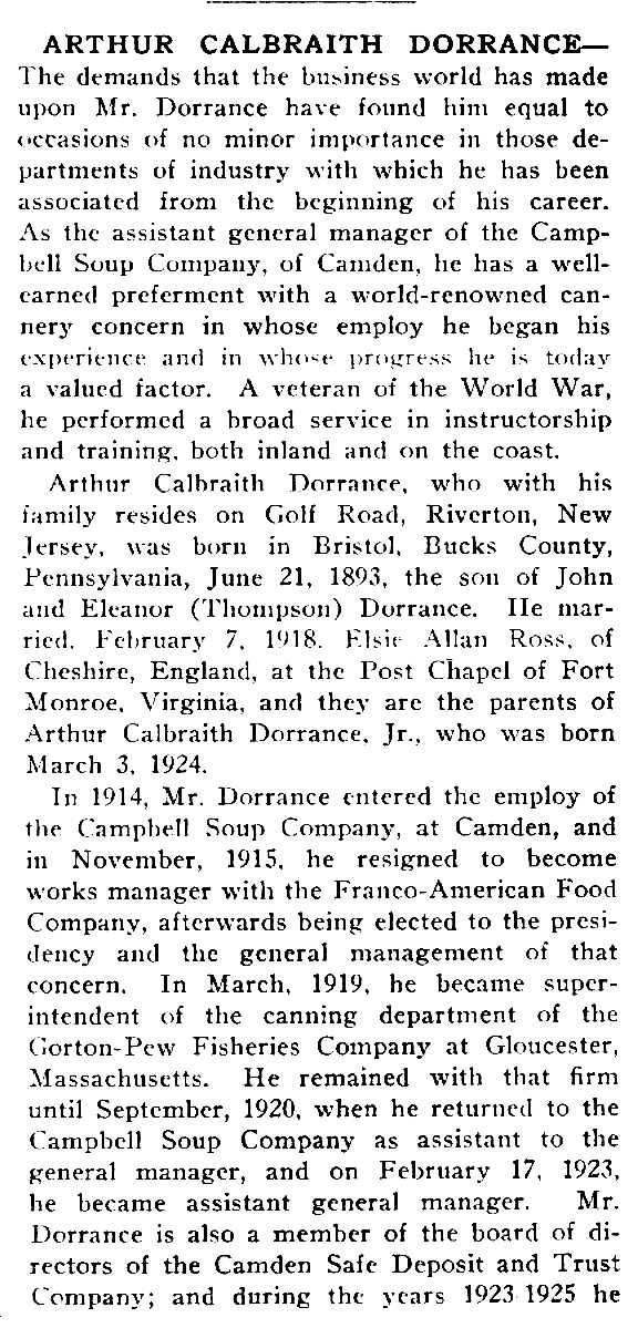Arthur Calbraith Dorrance biography from South Jersey: A History 1624-1924, page 1