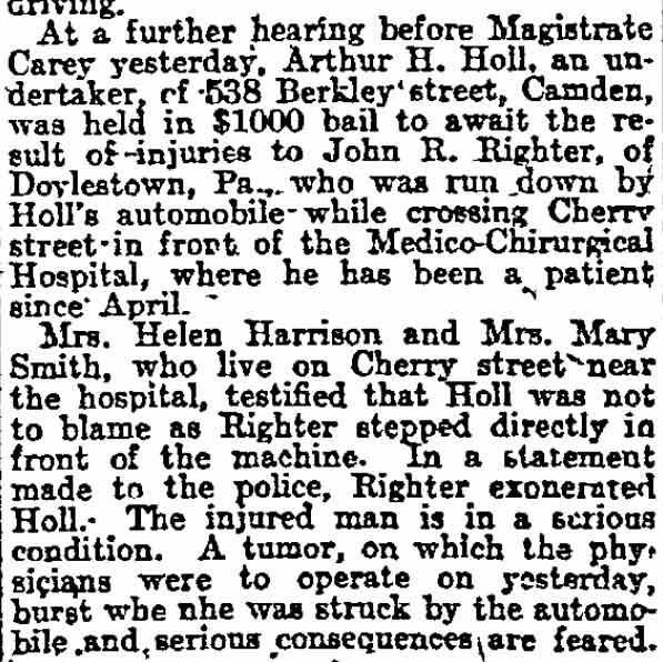 Philadelphia Inquirer, July 28, 1910 — article about Arthur H. Holl held in $1,000 bail following automobile accident