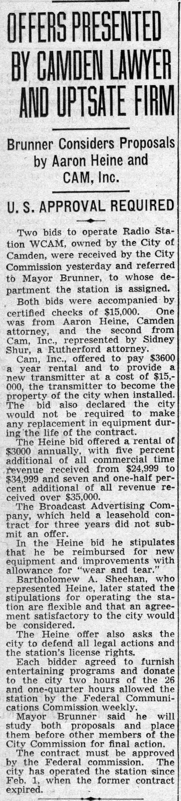 WCAM radio station coverage, Camden Courier-Post, February 24, 1938