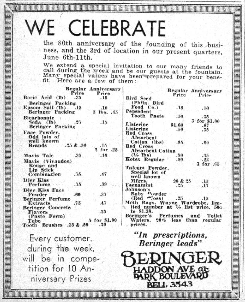 Camden Courier-Post, June 6, 1932 — George M. Beringer obituary or memorial