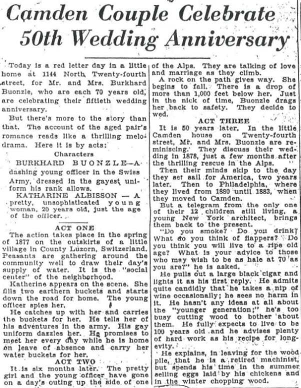 Recalls Half-Century of Romance — complete article, Camden Courier-Post, February 9, 1928