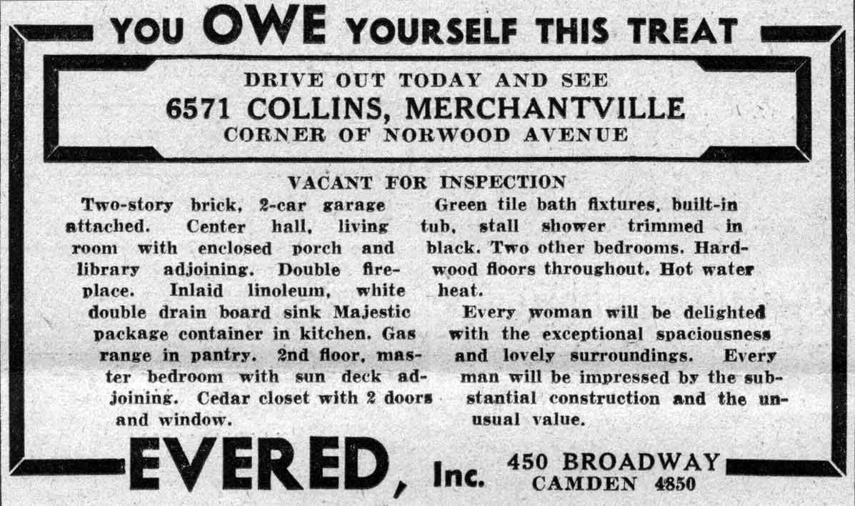 Evered Inc. advertisement for 6571 Collins, Merchantville, February 1938