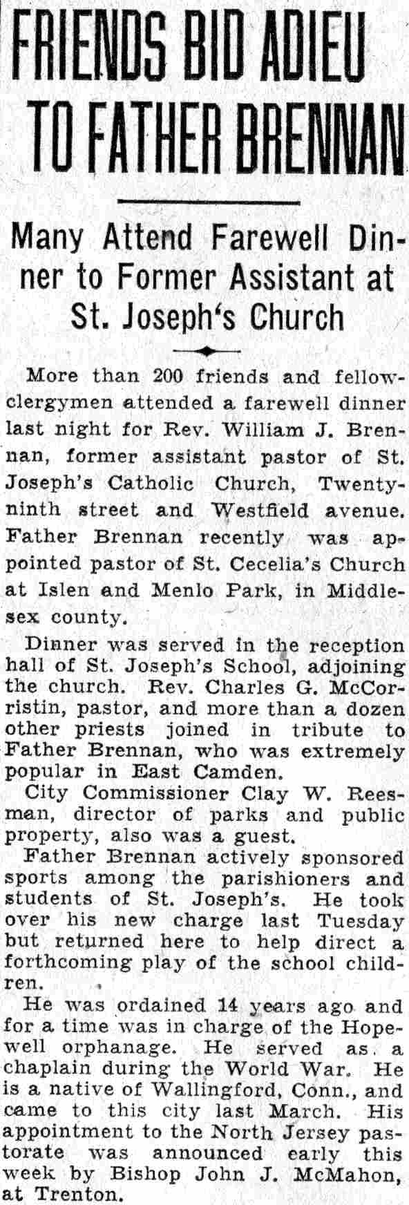 Friends Bid Adieu to Father Brennan — Camden Courier-Post, June 10, 1932