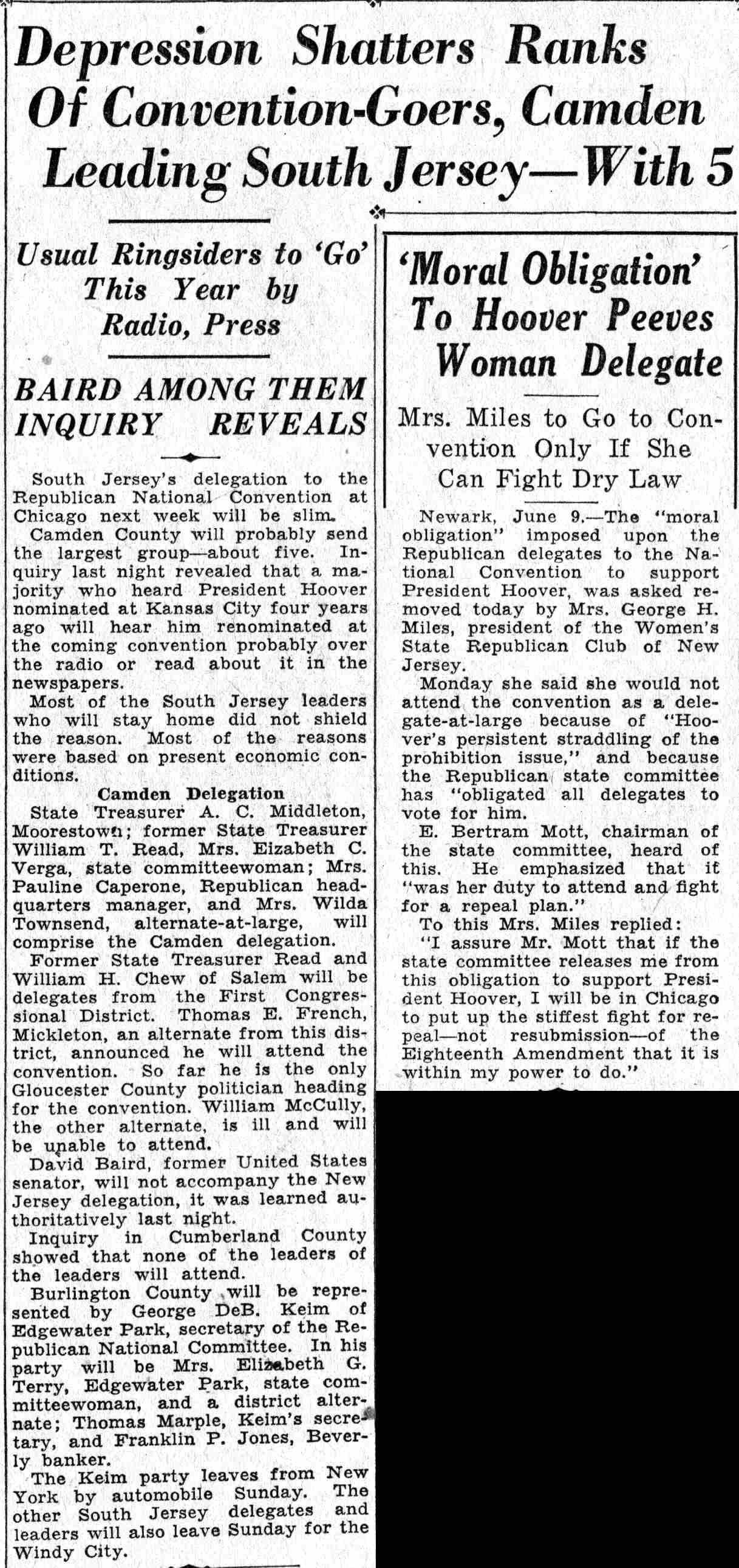 David Baird Jr. article, Camden Courier-Post, June 10, 1932