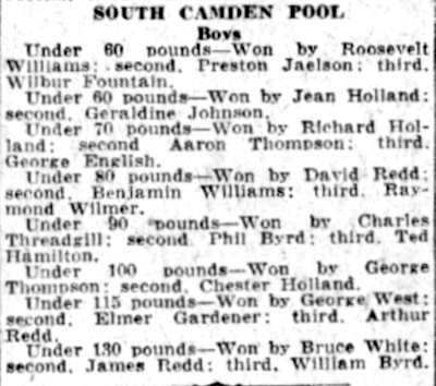 South Camden Pool results, Camden Courier-Post, July 26, 1941
