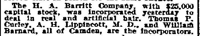 H. A. Barritt Company incorporation notice, Philadelphia Inquirer, May 6, 1899