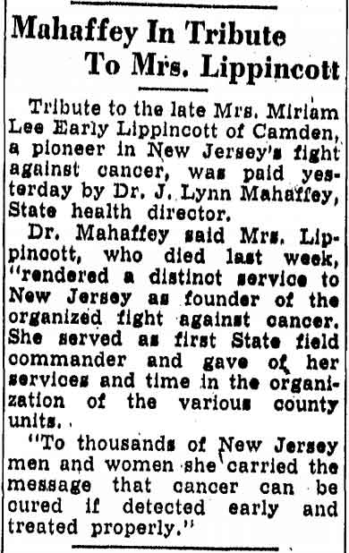 Trenton Evening Times, September 7, 1947 — Mahaffey In Tribute To Mrs. Lippincott