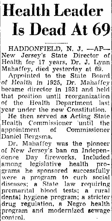 Trenton Evening Times, November 2, 1948 — Dr. J. Lynn Mahaffey obituary, page 1