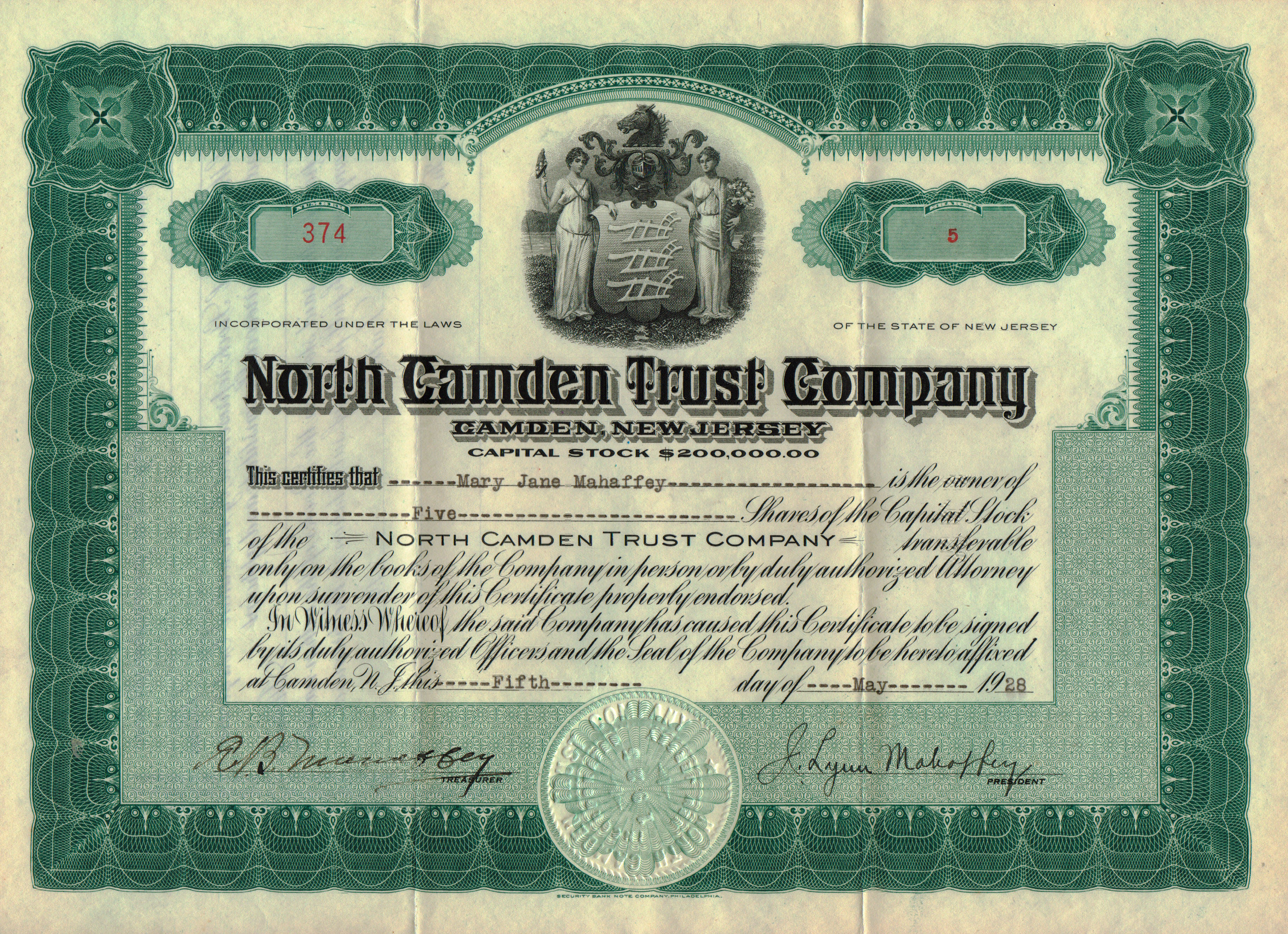 North Camden Trust Company stock certificate associated with Dr. J. Lynn Mahaffey