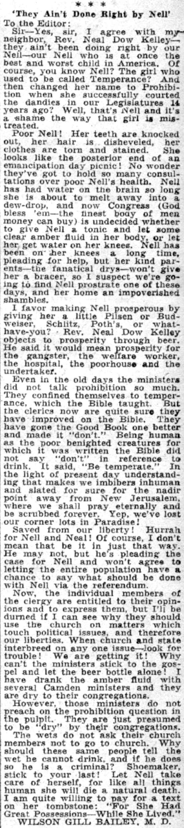 Camden Courier-Post June 2, 1932 — They Ain't Done Right by Nell, letter to editor by Dr. Wilson Gill Bailey