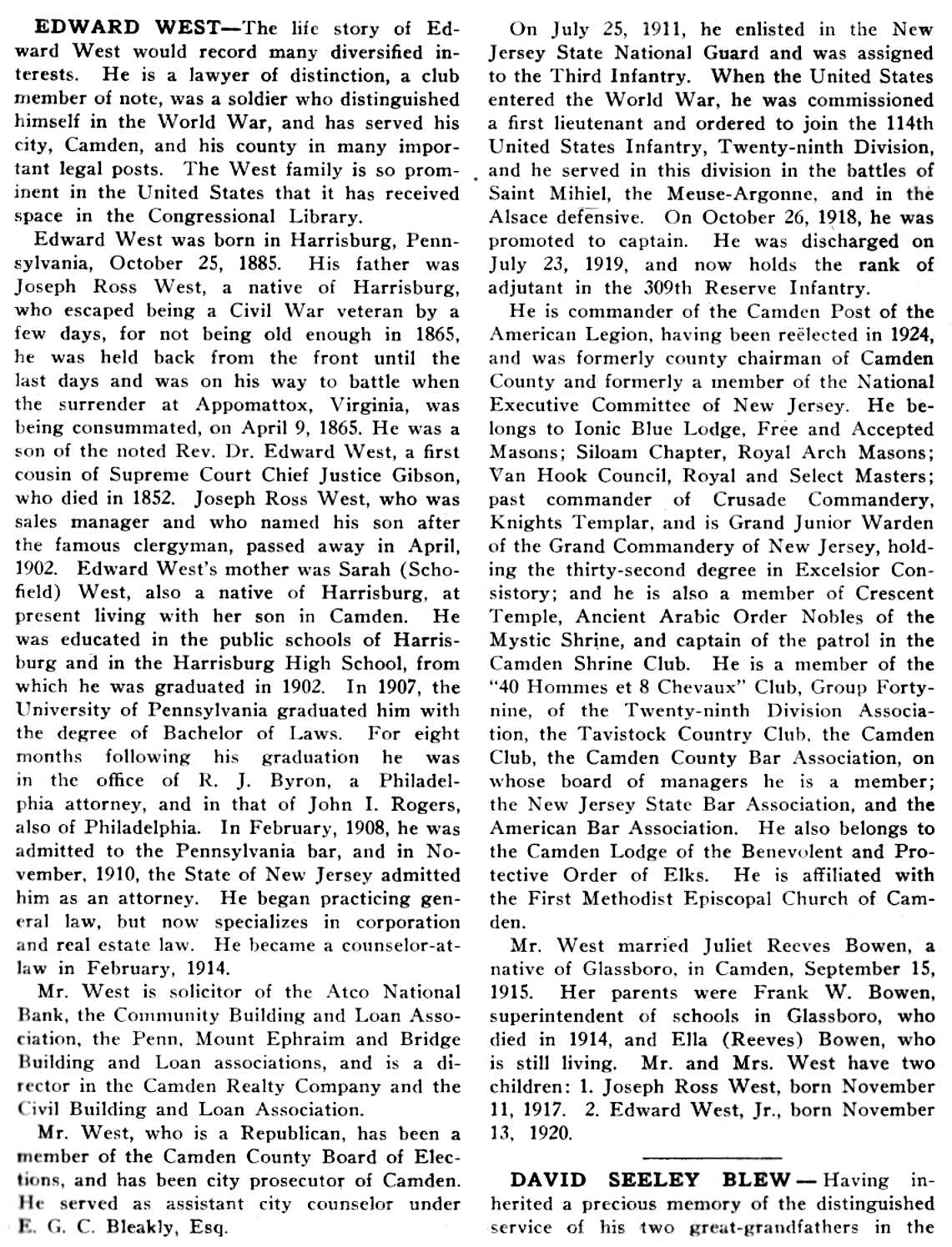 Biography of Edward West from South Jersey: A History 1624–1924