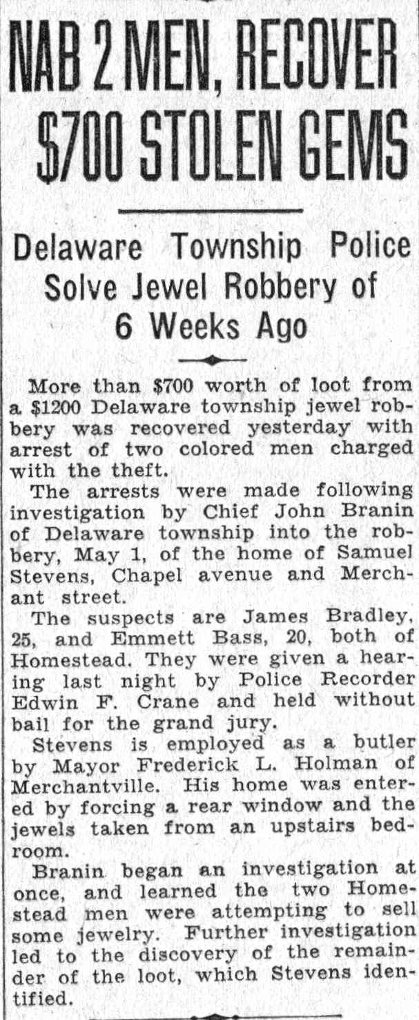 Camden Courier-Post June 11, 1932 - Nab 2 Men, Recover $700 Stolen Gems