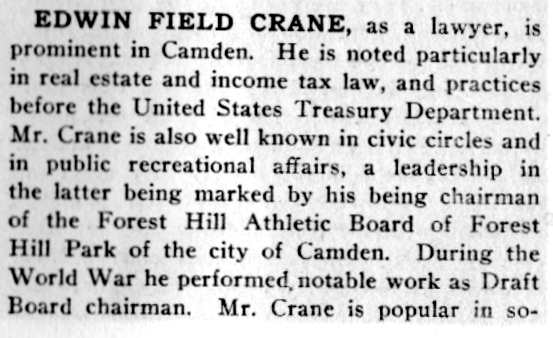 Edwin Field Crane biography page from South Jersey: A History 1624-1924