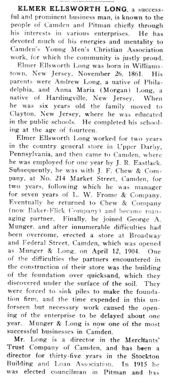 South Jersey: A History 1664-1924 biography of Elmer Ellsworth Long, part 1